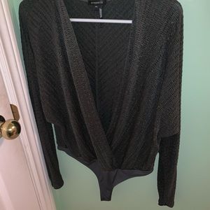 Grey body suit plunge fold over neckline